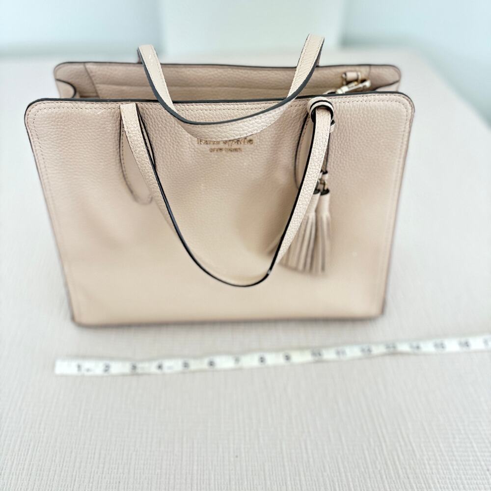 Kate Spade New York Pebbled Leather Tassel Tote Bag Beige Neutral Work Satchel - Picture 7 of 10
